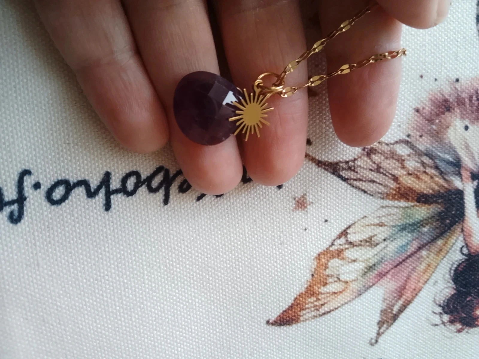 Collier améthyste pierre naturelle avec soleil doré – photo 2